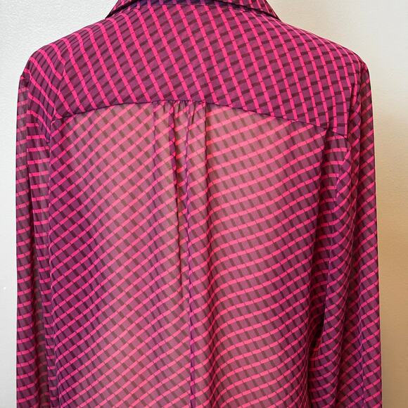 Liz Claiborne Vibrant Purple Pink Sheer Button Up Blouse Cross Plaid Large - Picture 5 of 8